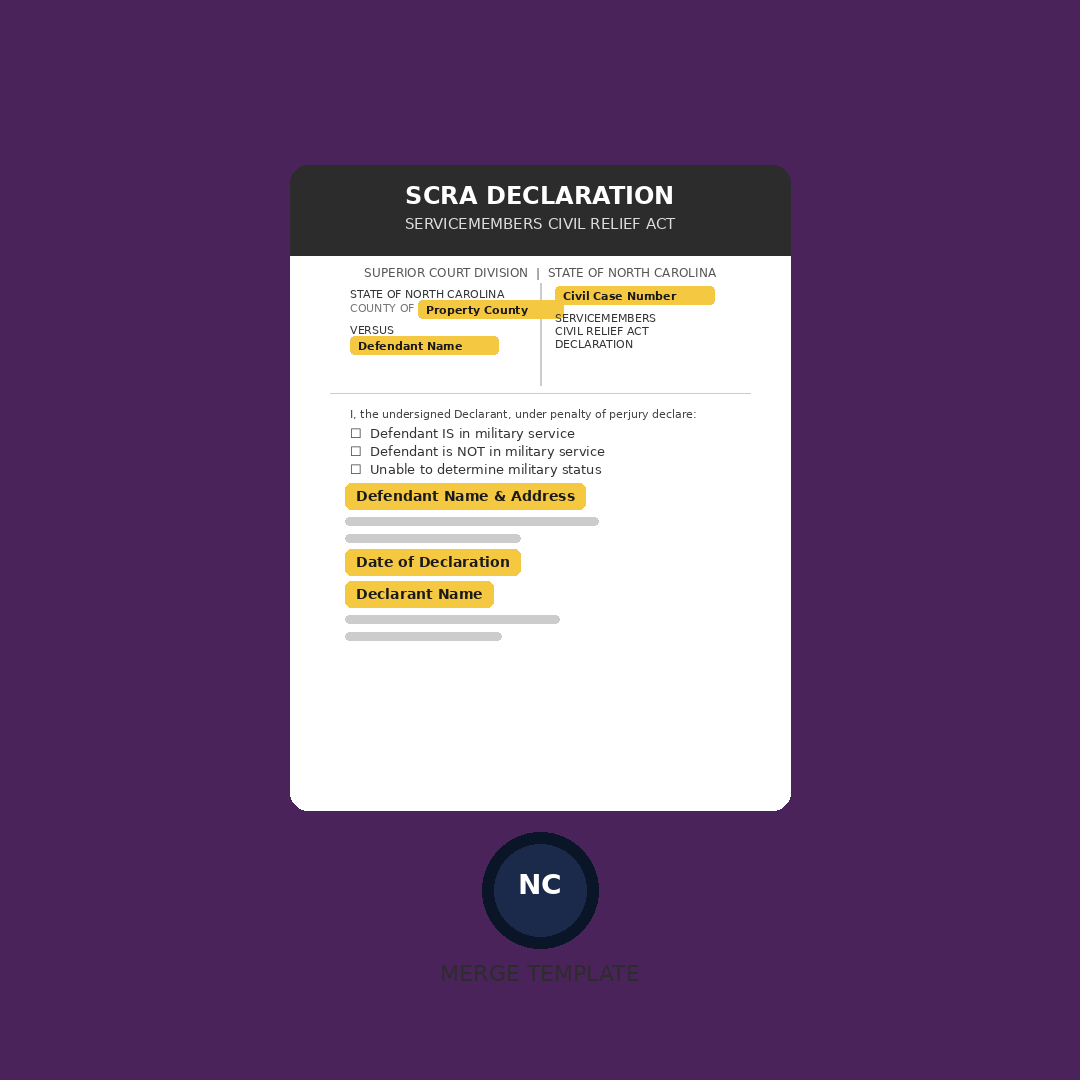 North Carolina SCRA Declaration Template (Civil Actions)
