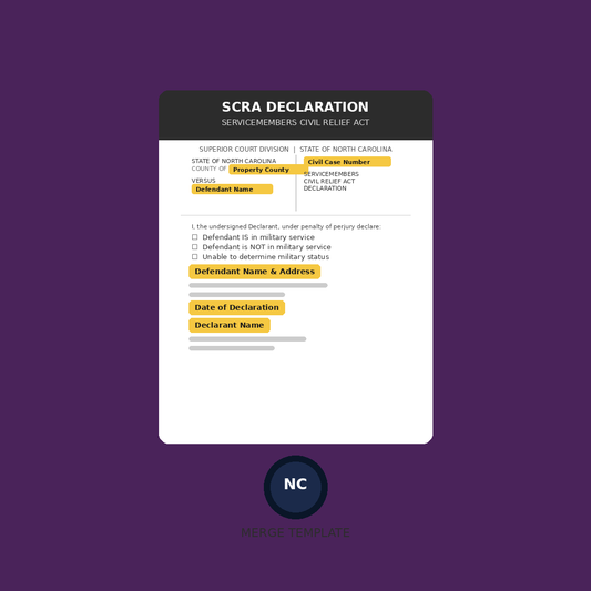 North Carolina SCRA Declaration Template (Civil Actions)